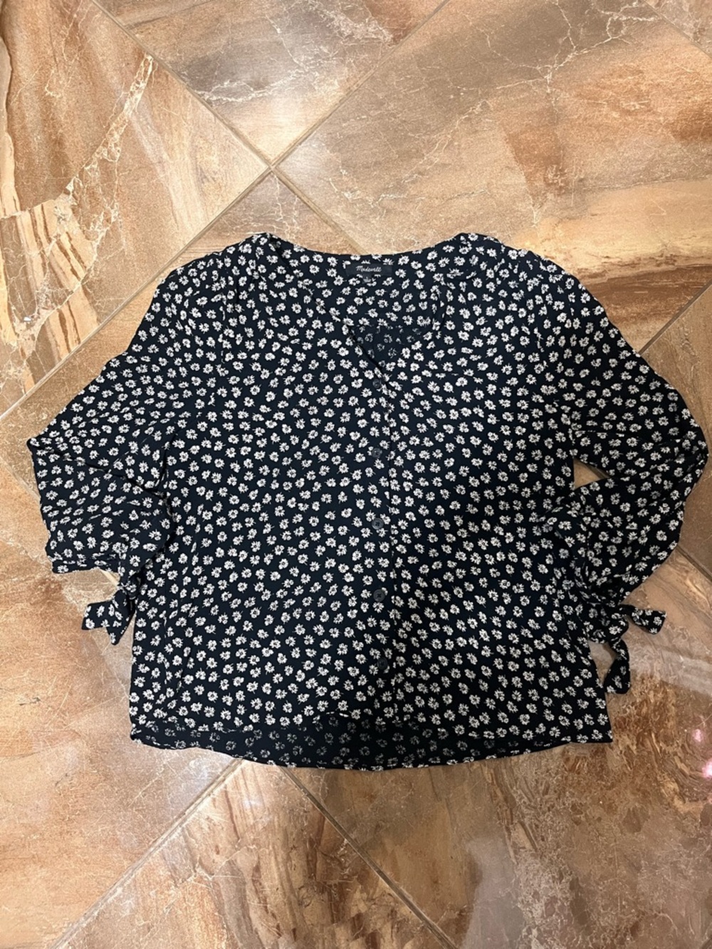 Madewell Black Floral Tie-Sleeve Blouse